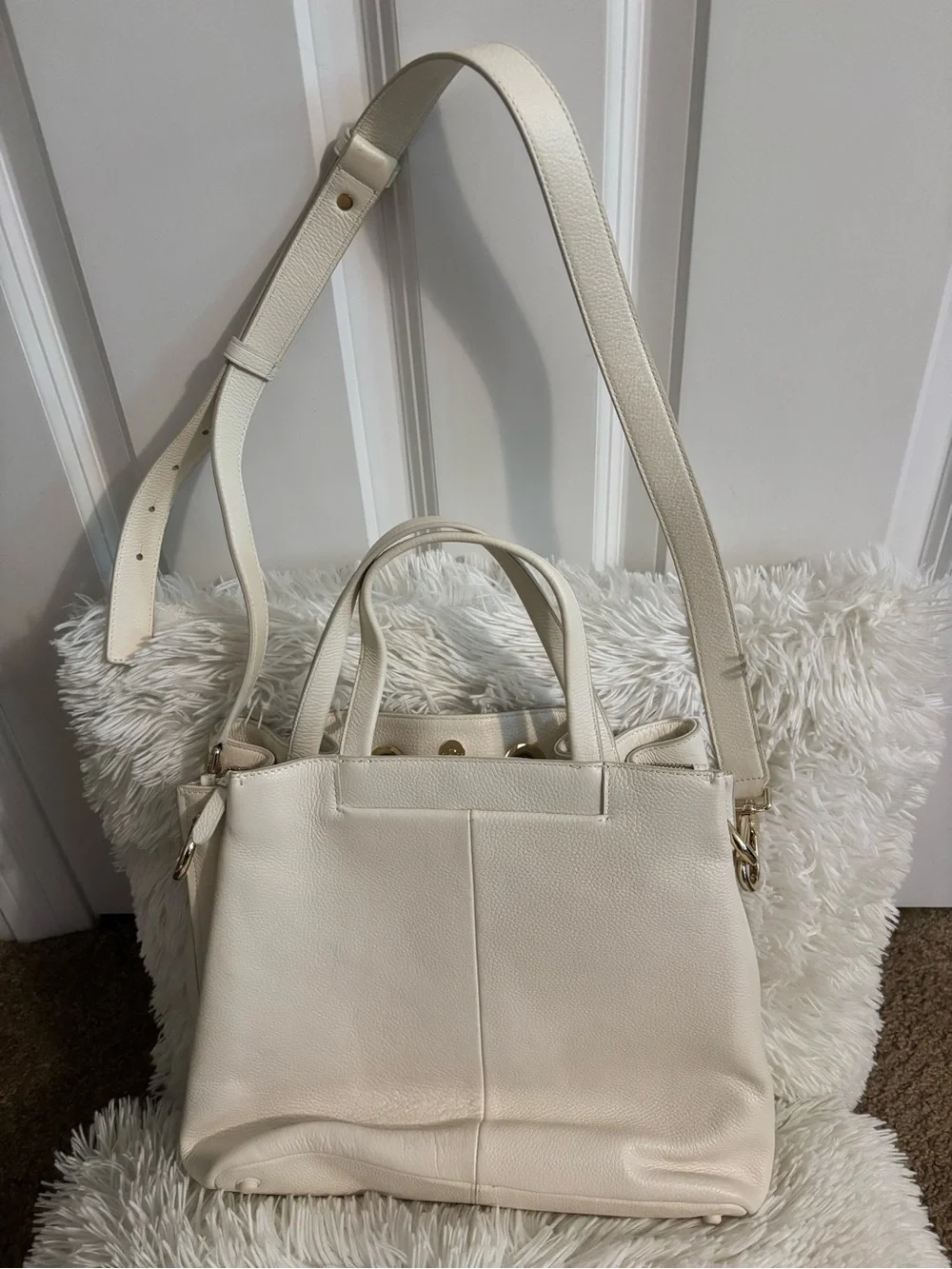 Cole Haan Ivory Pebble Leather Drawstring Tote